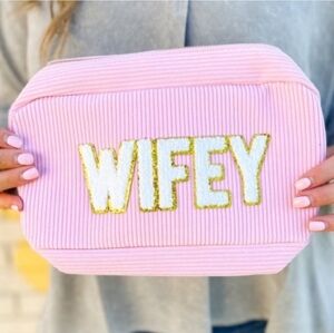 NWT Simply Southern WIFEY Pink White and Gold Varsity Cosmetic Bag